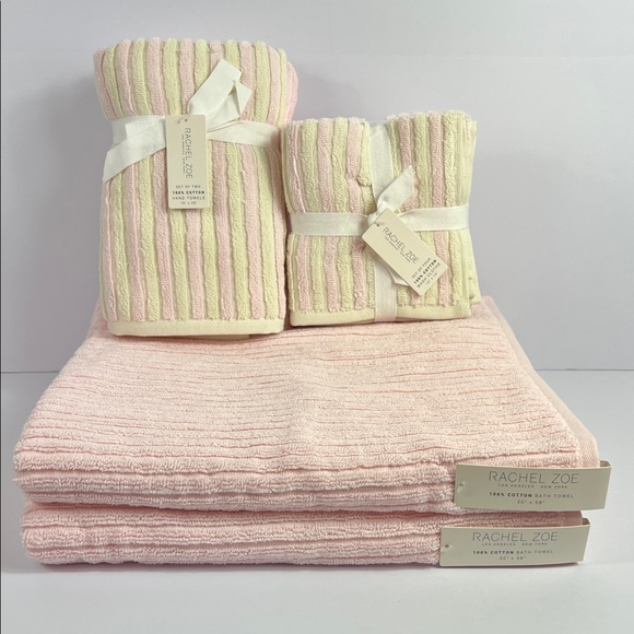 8 Pc Rachel Zoe Bath Towels Set Pink Cream Striped Soft 100% Cotton NEW